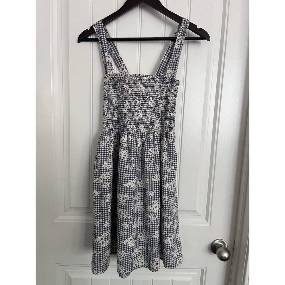 American Eagle Women's Dress Size Med Blue White Gingham Floral Summer 404